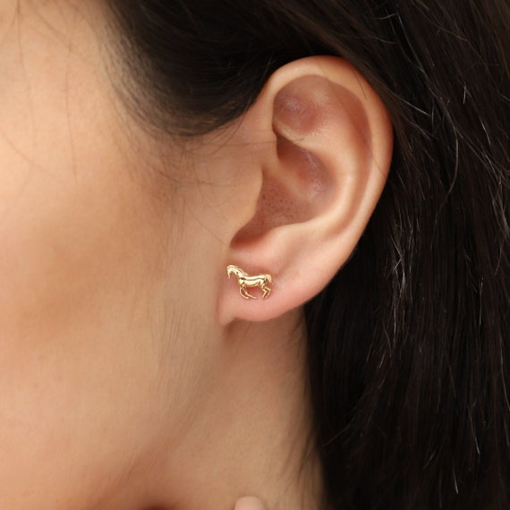 Horse Gold Earrings, 14K Gold Horse Earrings, Horse Gold Stud Earrings, Ride Earrings, Gold Animal Earrings, Gold Stud Earrings.