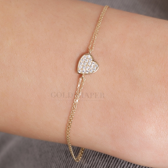 14K Gold Heart Bracelet, Gold Heart Bracelet, Lover Bracelet, Love Bracelet, Gold Heart Charm Bracelet, 14K Gold Bracelet.