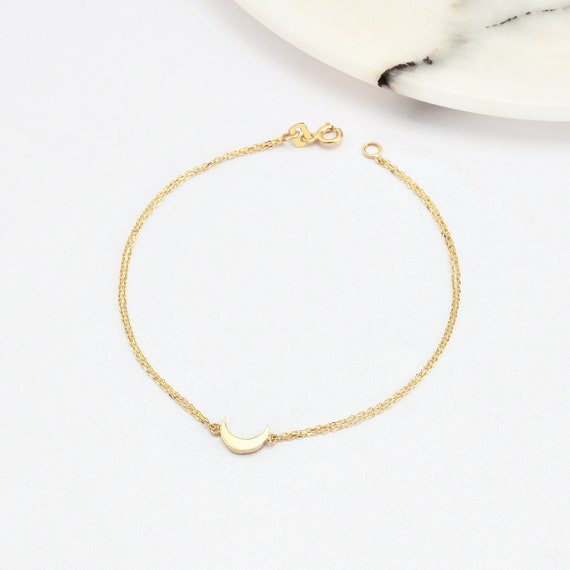 14K Gold Moon Bracelet, Gold Moon Bracelet, Moon Charm Bracelet, Calestial Bracelet, Gold Tiny Moon Charm Bracelet, 14K Gold Bracelet.