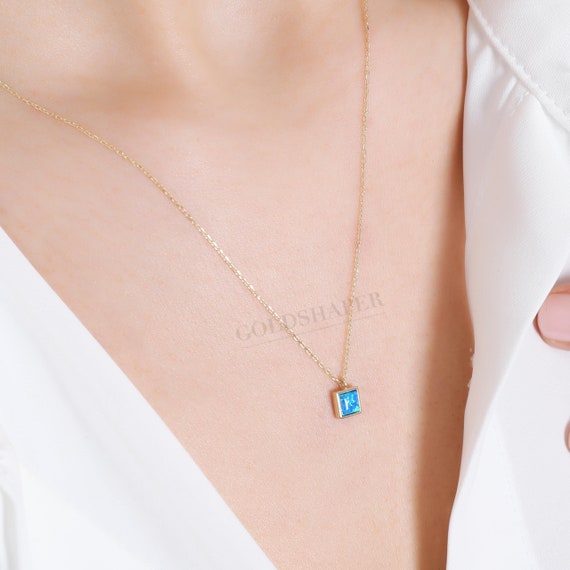 Blue Opal Necklace, 14K Gold Opal Necklace, Blue Opal Stone Necklace, Opal Necklace, October Birthstone, Gemstone Necklace, Gold Birthstone.