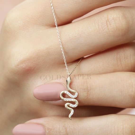 Snake Gold Necklace, 14K Gold Snake Necklace, Snake Charm Necklace, Snake Necklace, Serpent Necklace, Animal Necklace, Snake Gold Pendant.