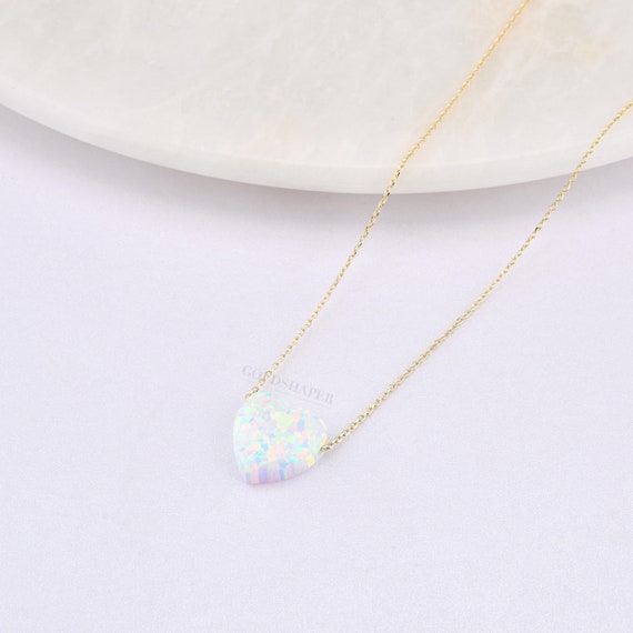 Heart Opal Necklace, 14K Gold Heart Necklace, White Opal Necklace, Heart Opal Necklace, 14K Gold Necklace, Heart Necklace.