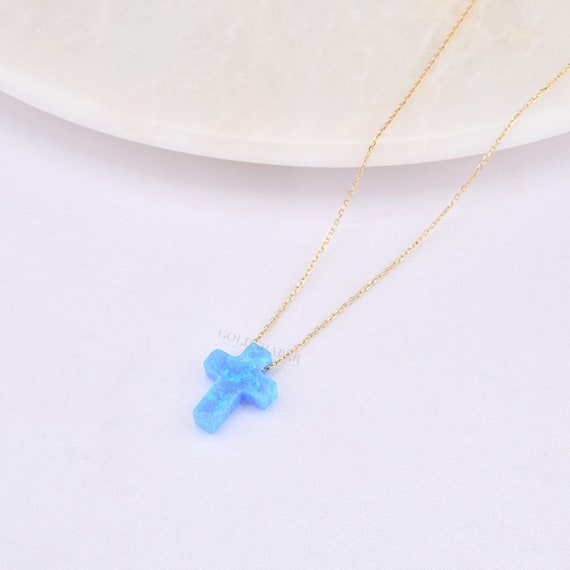 Cross Opal Necklace, 14K Gold Cross Necklace, Blue Opal Necklace, Cross Opal Necklace, 14K Gold Necklace, Cross Necklace.