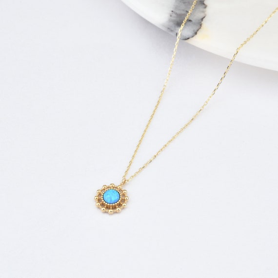 14K Gold Blue Opal Necklace, Gold Opal Necklace, Opal Stone Necklace, October Birthstone, Gemstone Necklace, Gold Birthstone.