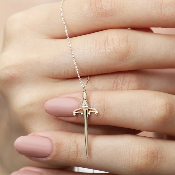 14K Gold Sword Necklace, Gold Sword Necklace, Sword Charm Necklace, Dagger Necklace, Guardian Necklace, Handmade Gold Necklace.