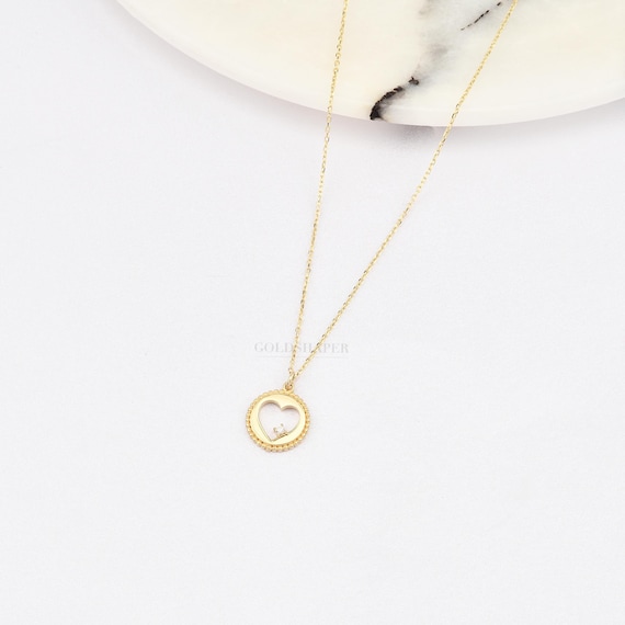 14K Gold Heart Necklace, Gold Heart Necklace, Love Necklace, Heart Charm Necklace, 14K Gold Necklace, Lucky Heart Necklace.
