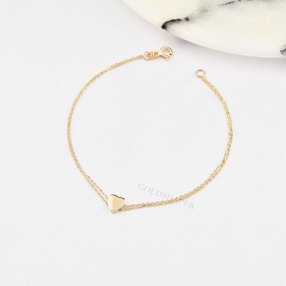 Heart Gold Tiny Bracelet, 14K Gold Heart Bracelet, Lover Bracelet, Love Bracelet, Gold Heart Charm Bracelet, 14K Gold Bracelet.