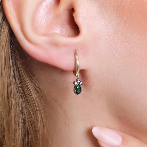 Emerald Hoop Earrings, 14K Gold Emerald Earrings, Emerald Charm Gold Hoop Earrings, Gemstone Earrings, Gold Gemstone Earrings, 14K Earrings.