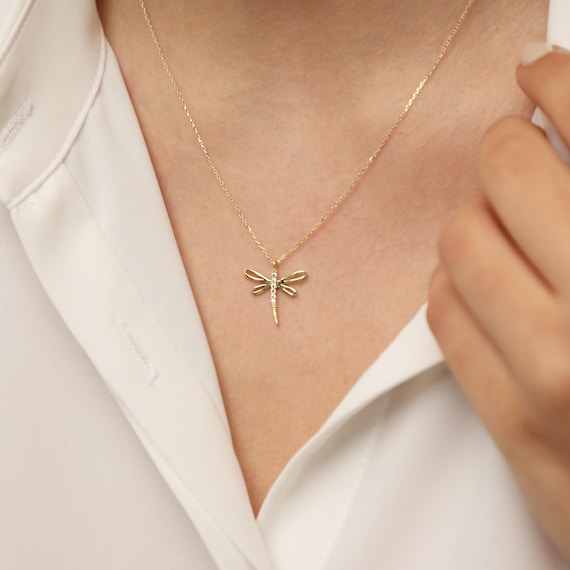 14K Gold Dragonfly Necklace, Gold Dragonfly Necklace, Firefly Necklace, Dragonfly Charm Necklace, Animal Necklace, Gold Animal Necklace.