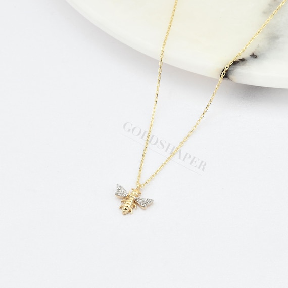 14K Gold Bee Necklace, Gold Bee Necklace, Bee Necklace, Bee Charm Necklace, Animal Necklace, Gold Animal Necklace, 14K Gold Necklace.