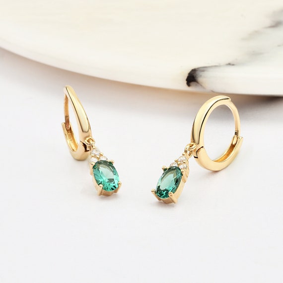 Emerald Hoop Earrings, 14K Gold Emerald Earrings, Emerald Charm Gold Hoop Earrings, Gemstone Earrings, Gold Gemstone Earrings, 14K Earrings.