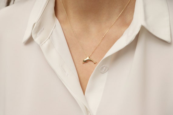 14K Gold Dolphin Necklace, Gold Dolphin Necklace, Fish Necklace, Dolphin Charm Necklace, Animal Necklace, Gold Animal Necklace.