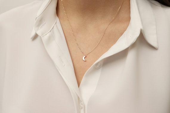 14K Gold Moon Necklace, Gold Moon Necklace, Moon Charm Necklace, Tiny Moon Necklace, 14K Gold Necklace, Lucky Moon Necklace.
