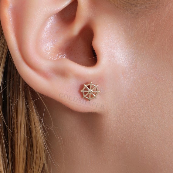 Rudder Tiny Earrings, 14K Gold Rudder  Earrings, Rudder Earrings, Rudder  Stud Earrings, Sea Earrings, Gold Star Earrings, 14K