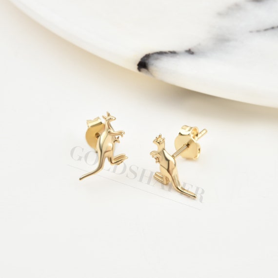 14K Gold Kangaroo Earrings, Kangaroo Stud Earrings, Kangaroo Gold Earrings, Kangaroo Charm Earrings, Gold Animal Earrings, Stud Earrings.