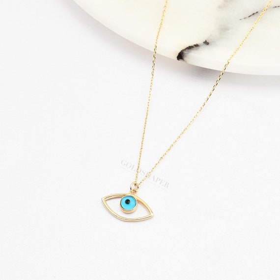 14K Gold Evil Eye Necklace, Gold Evil Eye Necklace, Eye Necklace, Evil Eye Charm Necklace, Nazar Necklace, Evil Eye Pendant, Gold Necklace.