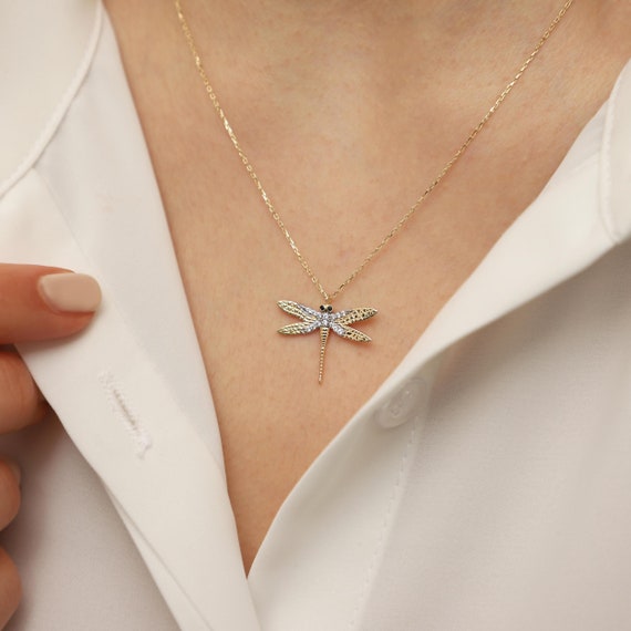 14K Gold Dragonfly Necklace, Gold Dragonfly Necklace, Firefly Necklace, Dragonfly Charm Necklace, Animal Necklace, Gold Animal Necklace.