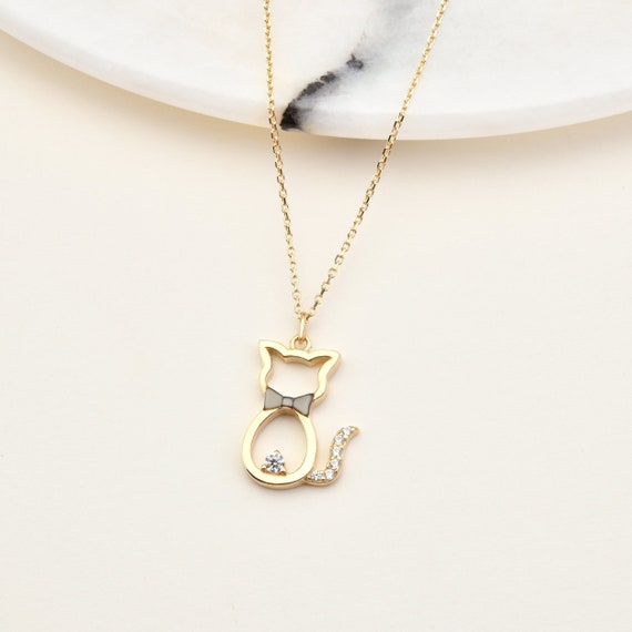 14K Gold Cat Necklace, Gold Cat Necklace, Cat Necklace, Cat Charm Necklace, Animal Necklace, Gold Animal Necklace.