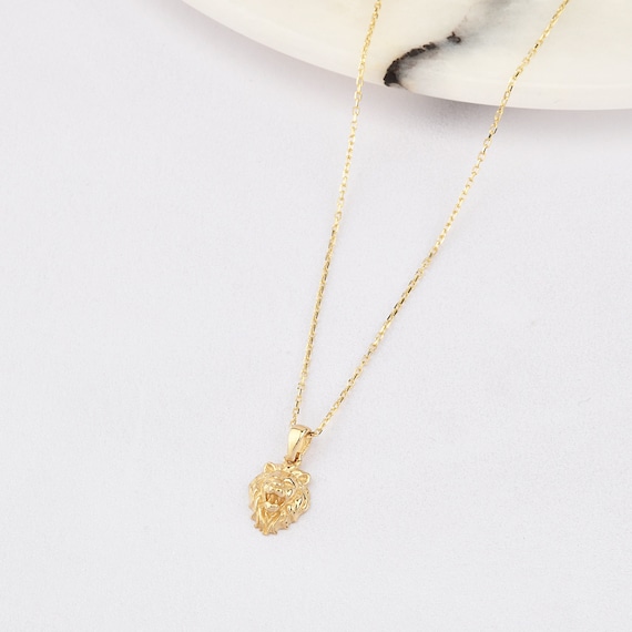 14K Gold Lion Necklace, Gold Lion Head Necklace, Lion Necklace, Lion Charm Necklace, Animal Necklace, Gold Animal Necklace.