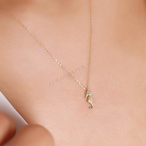 14K Gold Seahorse Necklace, Gold Seahorse Necklace, Seahorse Necklace, Seahorse Charm Necklace, Animal Necklace, Gold Animal Necklace.