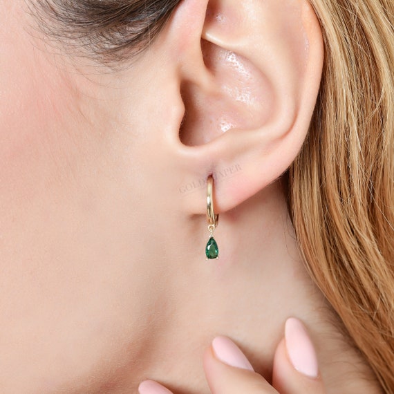 Emerald Hoop Earrings, 14K Gold Emerald Earrings, Emerald Charm Gold Hoop Earrings, Gemstone Earrings, Gold Gemstone Earrings, 14K Earrings.