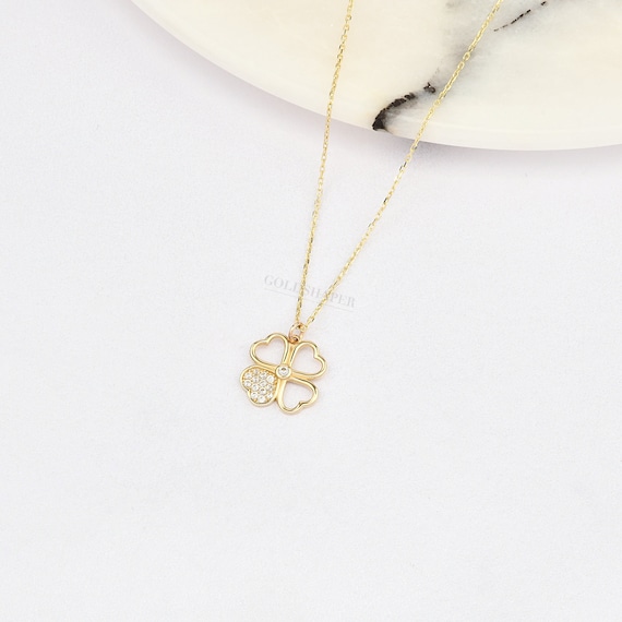 14K Gold Clover Necklace, Gold Clover Necklace, 4 Leaf Clover Necklace, Clover Charm Necklace, 14K Gold Necklace, Lucky Clover Necklace.