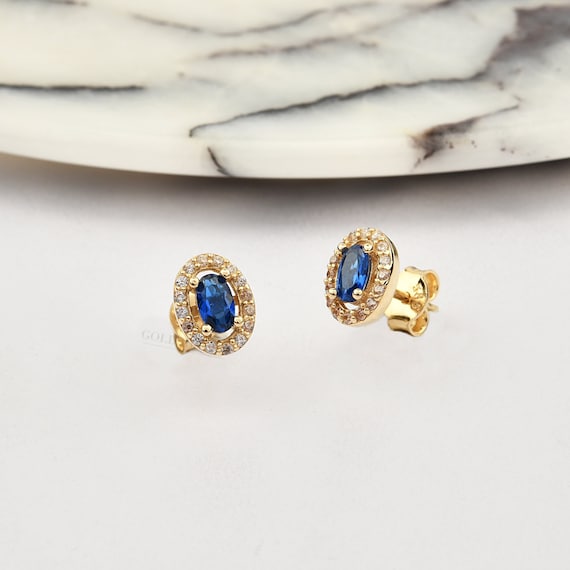 14K Gold Sapphire Earrings, Sapphire Stud Earrings, Sapphire Gold Earrings, September Birthstone Earrings, 14K Gold Stud Earrings.