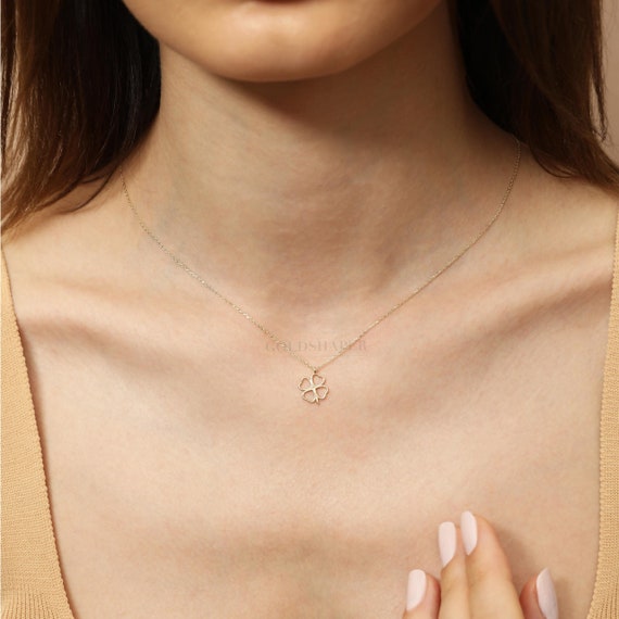 14K Gold Clover Necklace, Gold Clover Necklace, 4 Leaf Clover Necklace, Clover Charm Necklace, 14K Gold Necklace, Lucky Clover Necklace.