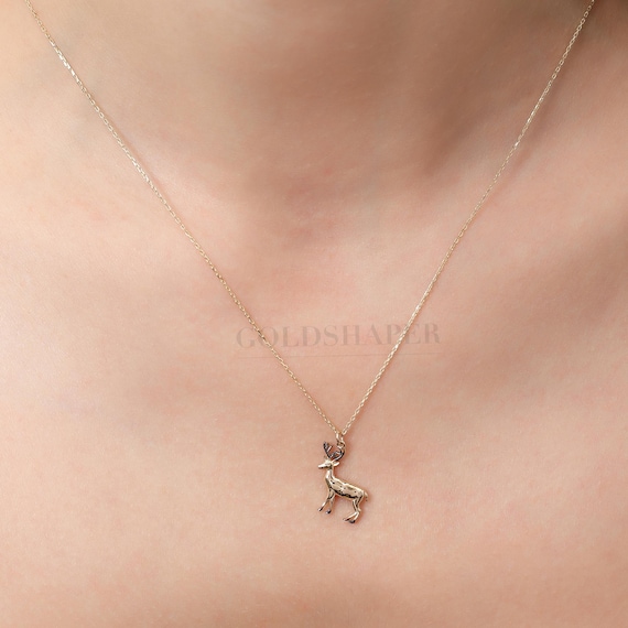 Gold Deer Necklace, 14K Gold Deer Necklace, Deer Necklace, Deer Charm Necklace, Antler Deer Necklace, Red Deer Necklace, Deer Gold Pendant.