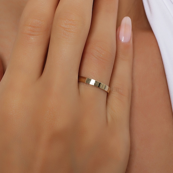 3 MM フラット 14K-18K ゴールド結婚指輪、3 MM 幅、ポリッシュ仕上げ