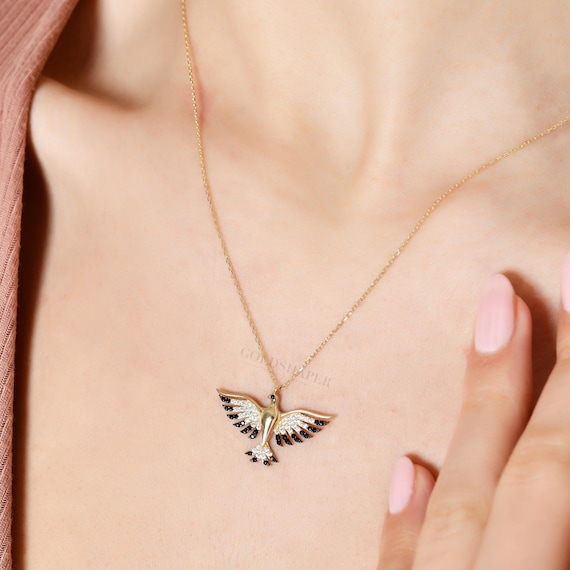 Phoenix Gold Necklace, 14K Gold Phoenix Necklace, Phoenix Necklace, Phoenix Charm Necklace, Hawk Pendant, Hawk Gold Necklace, 14K Necklace.