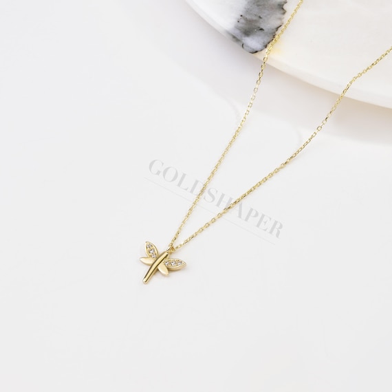 Dragonfly Gold Tiny Necklace, 14K Gold Dragonfly Necklace, Firefly Necklace, Dragonfly Charm Necklace, Dragonfly Necklace, Animal Necklace.