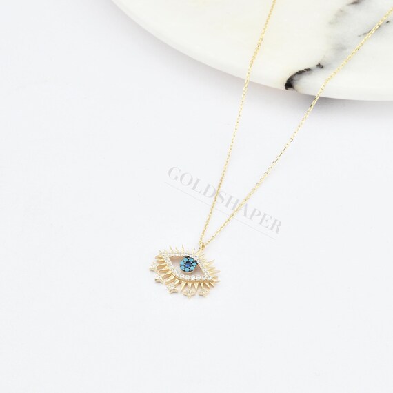 14K Gold Evil Eye Necklace, Gold Evil Eye Necklace, Eye Necklace, Evil Eye Charm Necklace, Nazar Necklace, Evil Eye Pendant, Gold Necklace.