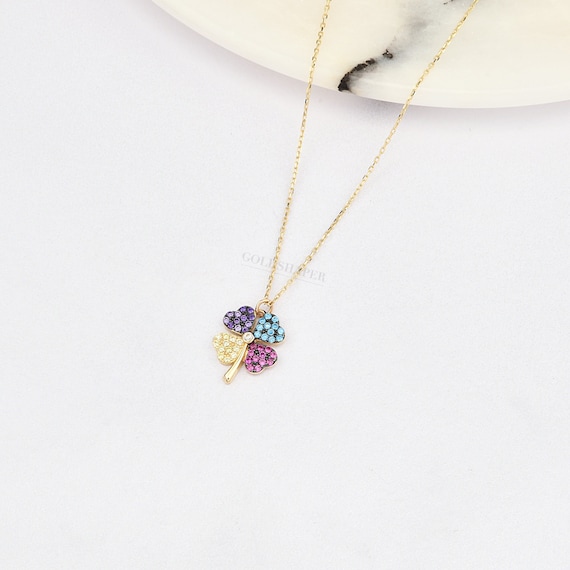 14K Gold Clover Necklace, Gold Clover Necklace, 4 Leaf Clover Necklace, Clover Charm Necklace, 14K Gold Necklace, Lucky Clover Necklace.