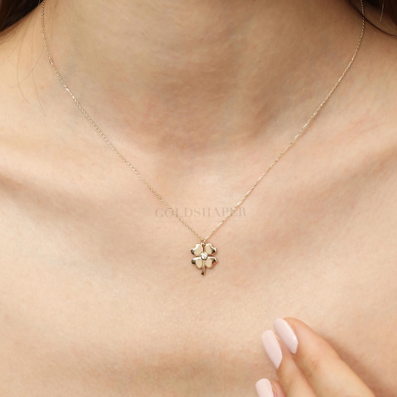 14K Gold Clover Necklace, Gold Clover Necklace, 4 Leaf Clover Necklace, Clover Charm Necklace, 14K Gold Necklace, Lucky Clover Necklace.
