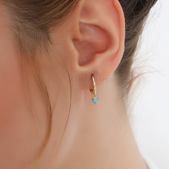 Turquoise Hoop Earrings, 14K Gold Turquoise Earrings, Turquoise Charm Gold Hoop Earrings, Gemstone Earrings, Gemstone Earrings, 14K Earrings