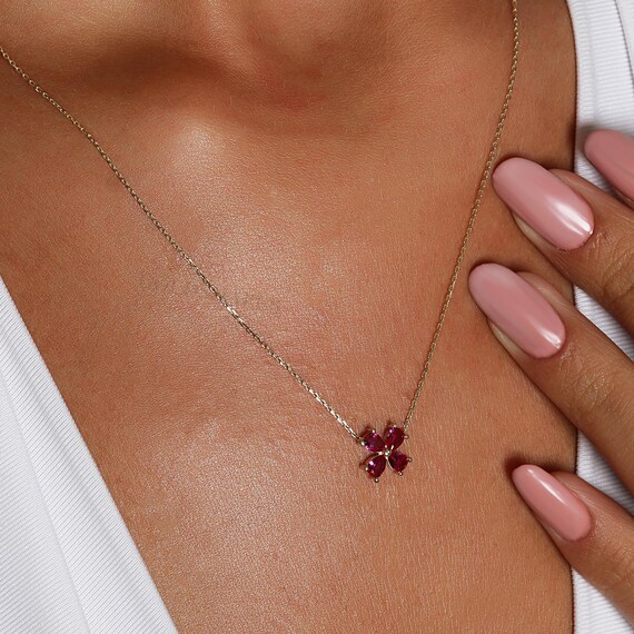 Clover Ruby Necklace, 14K Gold Clover Necklace, Clover Necklace, Ruby Necklace, 4 Leaf Clover Necklace, Clover Shape Ruby Necklace.