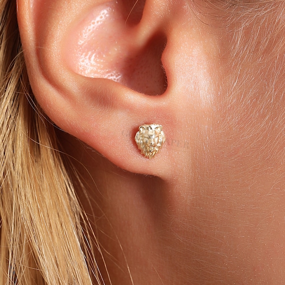 14K Gold Lion Earrings, Lion Stud Earrings, Lion Gold Earrings, Animal Earrings, Gold Animal Earrings, Gold Stud Earrings, 14K Gold Earrings