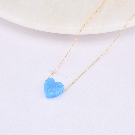 Heart Opal Necklace, 14K Gold Heart Necklace, Blue Opal Necklace, Heart Opal Necklace, 14K Gold Necklace, Heart Necklace.