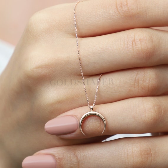 14K Gold Horn Necklace, Gold Horn Necklace, Horn Charm Necklace, Moon Necklace, Moon Charm Necklace, Lucky Horn Necklace.