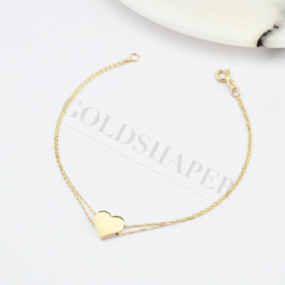 14K Gold Heart Bracelet, Gold Heart Bracelet, Lover Bracelet, Love Bracelet, Gold Heart Charm Bracelet, 14K Gold Bracelet.