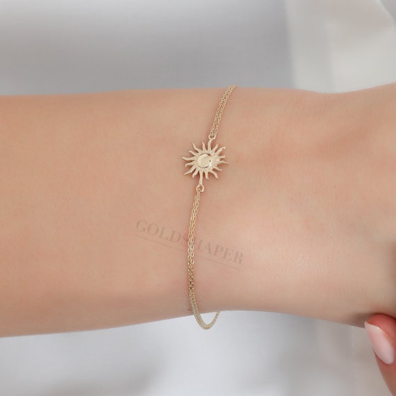 Sun Bracelet, 14K Gold Sun Bracelet, Sunshine Bracelet, Calestial Bracelet, Gold Sun Charm Bracelet, 14K Gold Bracelet.