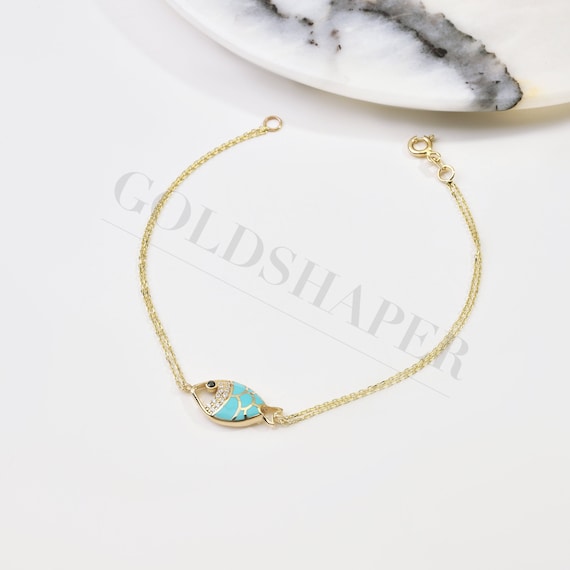 14K Gold Fish Bracelet, Fish Bracelet With Enamel, Fish Charm Bracelet, Enamel Bracelet, Gold Animal Bracelet, 14K Gold Bracelet.