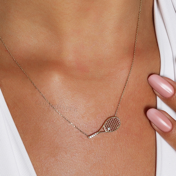 14K Gold Tennis Racket Necklace, Gold Tennis Racket Necklace, Tennis Racket Charm Necklace, Tennis Ball Necklace, Tennis Racket Pendant.