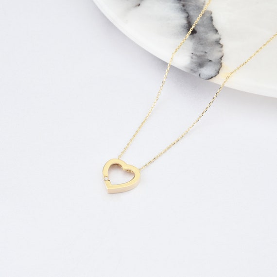 14K Gold Heart Necklace, Gold Heart Necklace, Love Necklace, Heart Charm Necklace, 14K Gold Necklace, Lucky Heart Necklace.