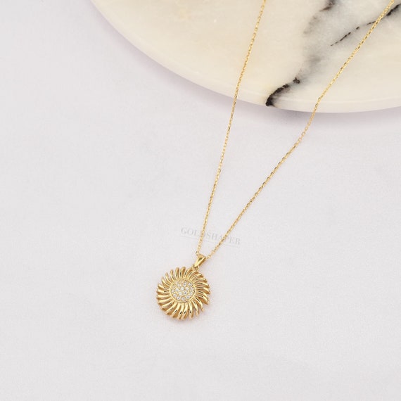 Gold Sun Necklace, 14K Gold Sun 3D Necklace, Sun Charm Necklace, Gold Sun Necklace, Sunshine Necklace, Sun Necklace, Luck Sun Necklace.