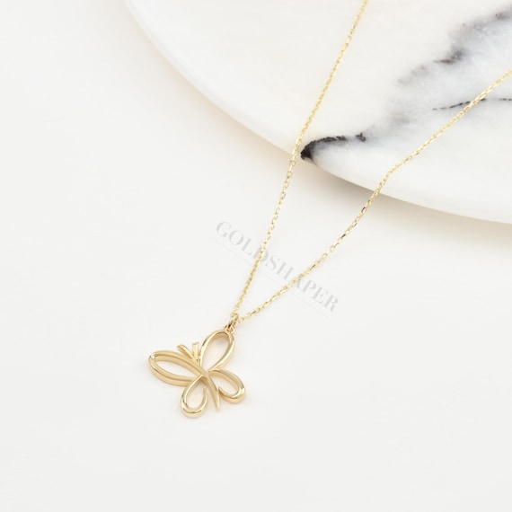 14K Gold Butterfly Necklace, Gold Butterfly Necklace, Butterfly Necklace, Butterfly Charm Necklace, Animal Necklace, Gold Animal Necklace.