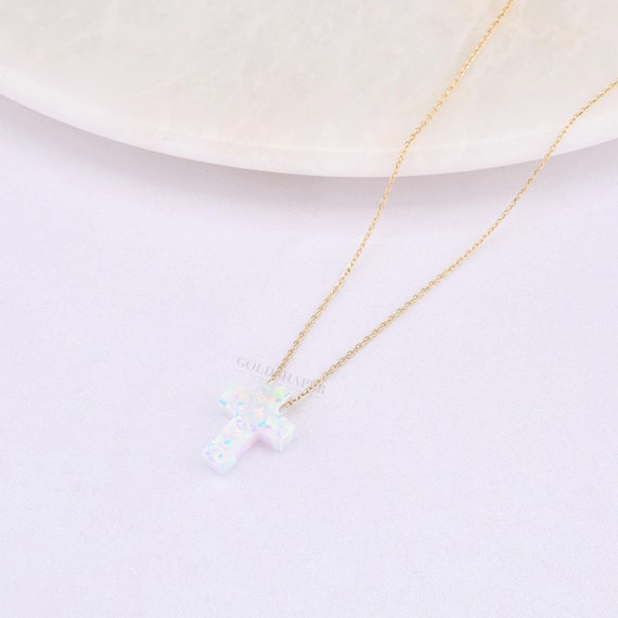Cross Opal Necklace, 14K Gold Cross Necklace, White Opal Necklace, Cross Opal Necklace, 14K Gold Necklace, Cross Necklace.