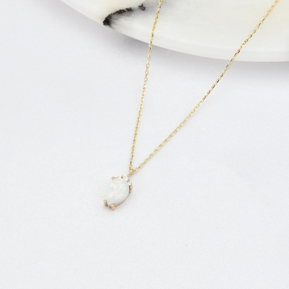 14K Gold White Opal Necklace, Gold Opal Necklace, Opal Stone Necklace, October Birthstone, Gemstone Necklace, Gold Birthstone.