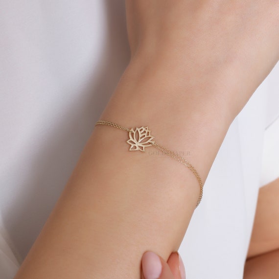 Lotus Gold Bracelet, 14K Gold Lotus Flower Bracelet, Lotus Bracelet, Lotus Flower Bracelet, Gold Lotus Charm Bracelet, 14K Gold Bracelet.